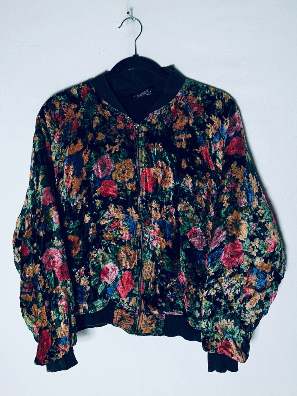 Vintage Y2K Symbole 2000 Plush Crushed Velvet Floral Zip Bomber Jacket L Cottage